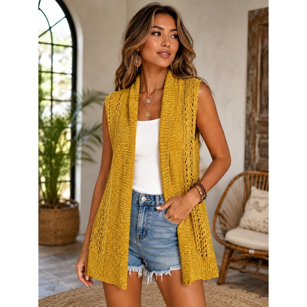 C. Est. 1946 Vest Womens Honey Yellow Chenille Crochet Open Front Longline  Med